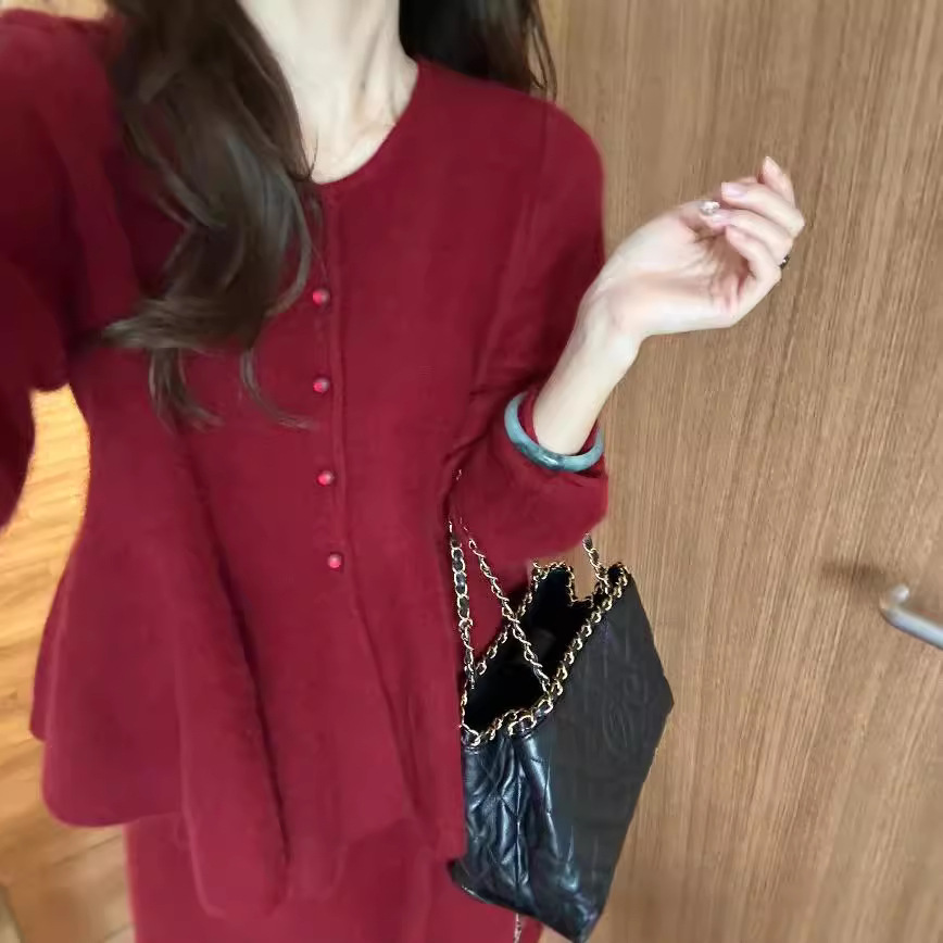 크리스마스 새해 레드 스웨터 참여 원피스 여성의 가을과 겨울 하이 엔드 슈퍼 잘 생긴 니트 스커트 투피스 세트