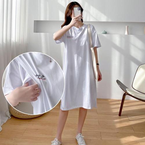 Maternity wear, postpartum nursing nightgown, summer short-sleeved dress, mid-length T-shirt, outing nursing clothes, nursing tops