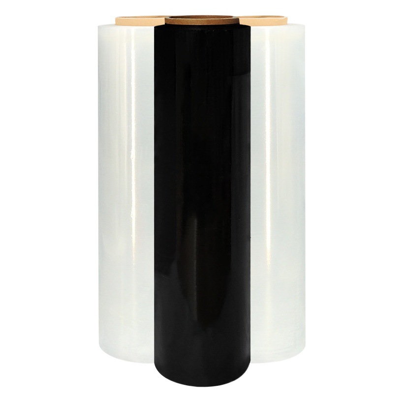 Película de estiramiento personalizada fábrica al por mayor plástico transparente industrial película de envoltura de plástico recubierto película de embalaje negro PE película de bobinado