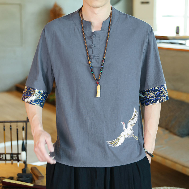 中国風tシャツ男性夏の薄いツル刺繍綿麻半袖tシャツ男ゆるい盤ボタン五分半袖男|undefined