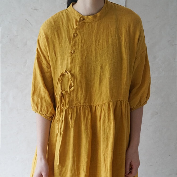 Original Sand-Washed Linen Thin Strap Age-Reducing Holiday Dress with Chinese Style Diagonal Collar, Loose and Extended Length Dress L2059 Original Sand-Washed Linen Thin Strap Age-Reducing Holiday Dress with Chinese Style Diagonal Collar, Loose and Extended Length Dress L2059