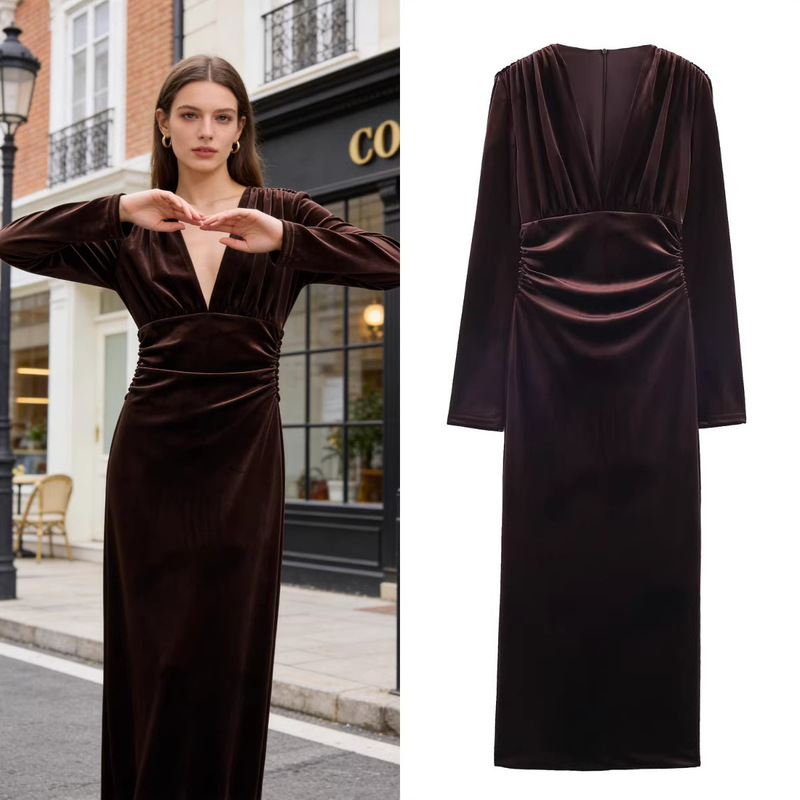 Z Brand Foreign Trade Cross-Border Ready Stock European and American Style Women's Clothing 2026 Spring New Pleated Velvet Midi Dress Z Brand Foreign Trade Cross-Border Ready Stock European and American Style Women's Clothing 2026 Spring New Pleated Velvet Midi Dress