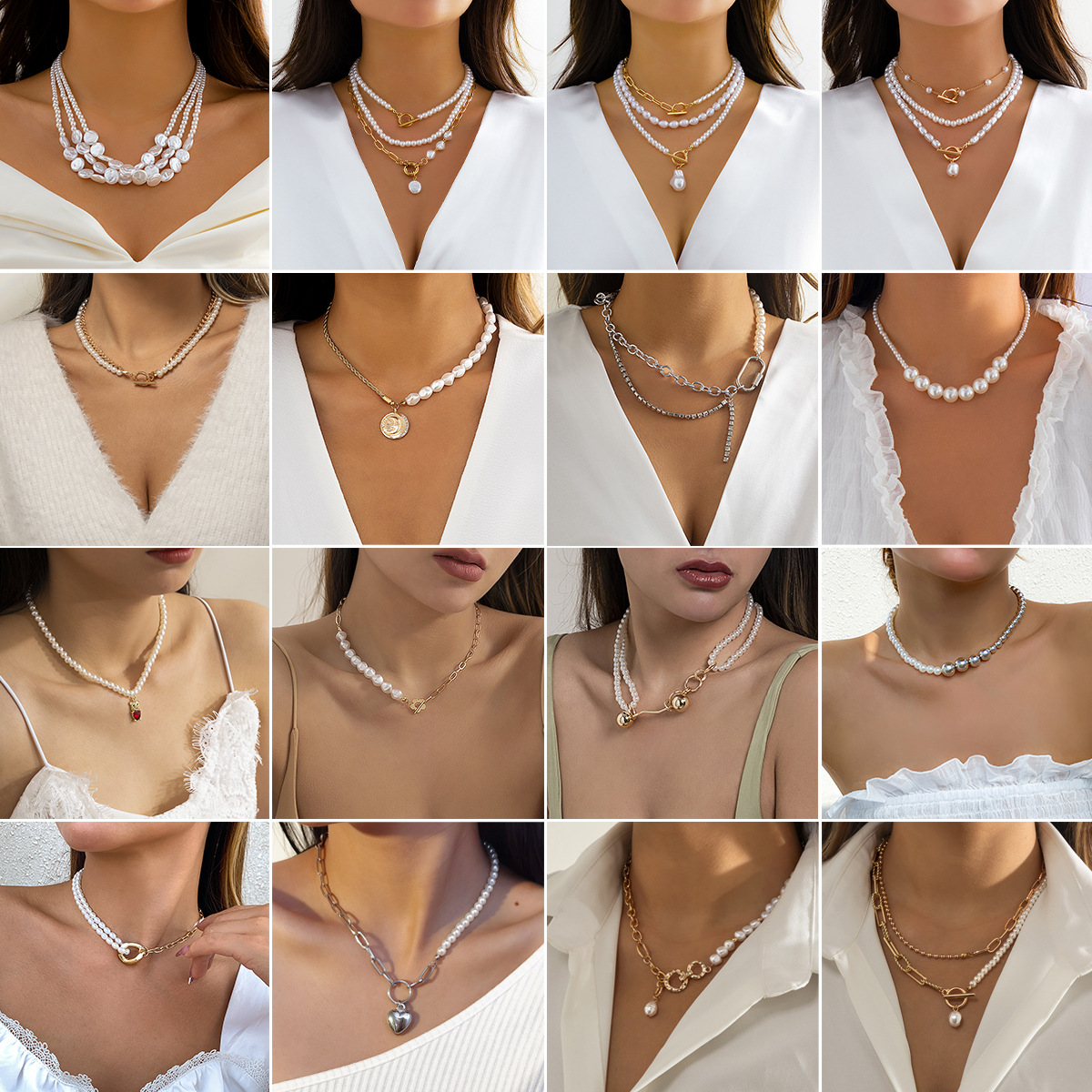 European and American Cross-border Jewelry Retro Imitation Pearl Stitching Simple Necklace Women's Creative Temperament Round Bead Chain Stacked Necklace