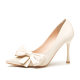 Beige Bow High Heels Chanel Style 2023 Autumn New Satin Single Shoes Women's Stiletto Heel Pointed Toe French Women's Shoes