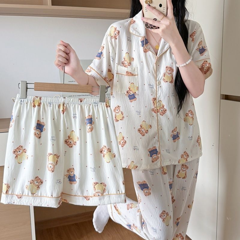 Nube de algodón de tres piezas nuevo pijama de mujer adorable con solapa de manga corta pantalones cortos pantalones largos set de ropa para el hogar