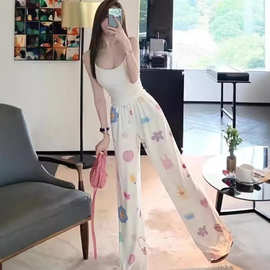 迹逅甜美学院风hiphop印花图案休闲裤子女夏季宽松高腰显瘦阔腿裤