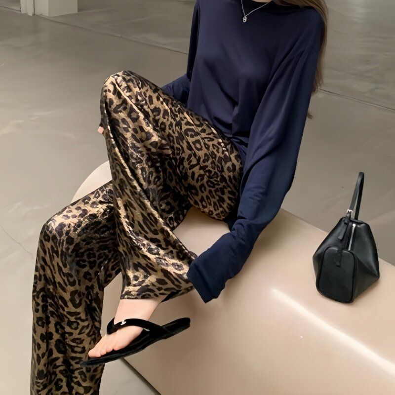 Leopard Print High-Waisted Slimming Wide-Leg Pants for Women, Summer New Style, Plus-Size, American Retro Straight-Leg Slimming Floor-Length Pants Leopard Print High-Waisted Slimming Wide-Leg Pants for Women, Summer New Style, Plus-Size, American Retro Straight-Leg Slimming Floor-Length Pants