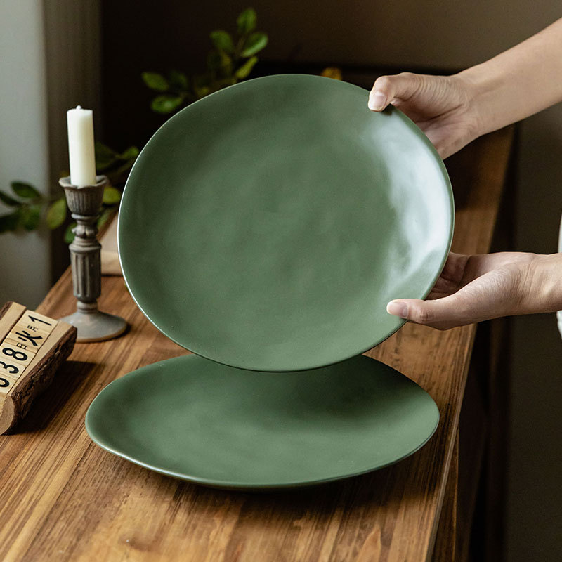 Plato verde ondulado de agua retro platos de cerámica domésticos cubiertos de 10 pulgadas al por mayor platos de filete de restaurante platos redondos poco profundos