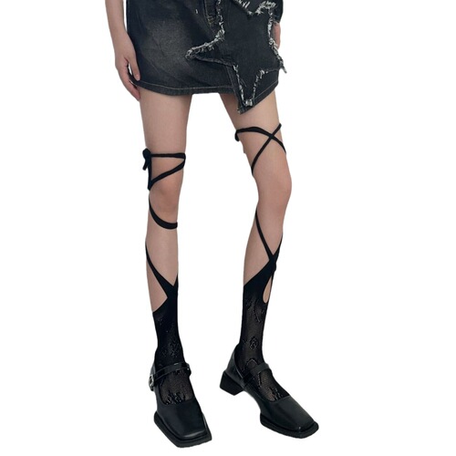 Irregular cross strap socks ins niche sweet and cool hot girl lace fishnet stockings mid-calf half-cut over-the-knee socks split toe socks