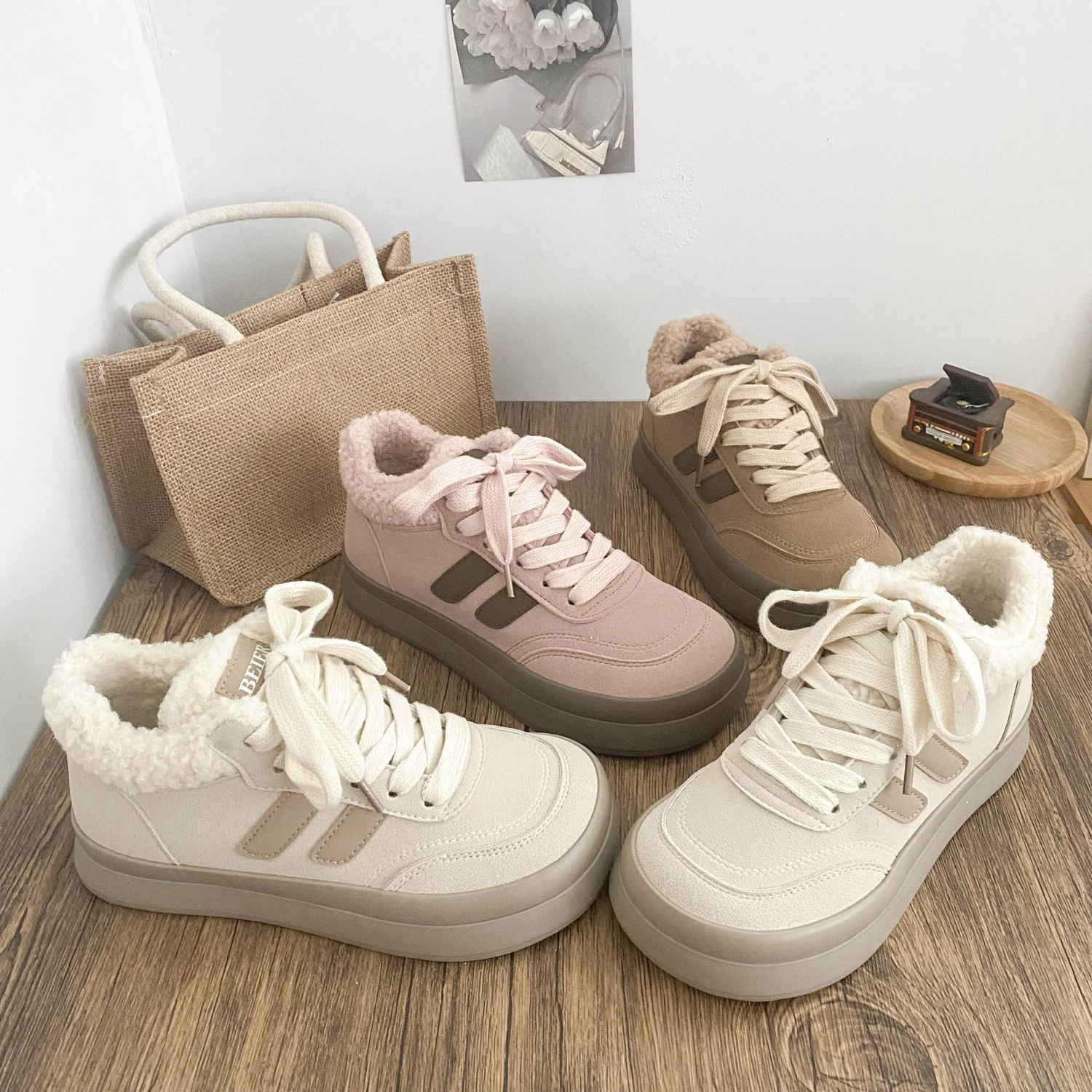 BE-6802 средняя группа толстая подошва большая голова овечья хлопчатобумажная обувь женская обувь зимой теплая бархатная обувь северо-восточная маленькая белая обувь