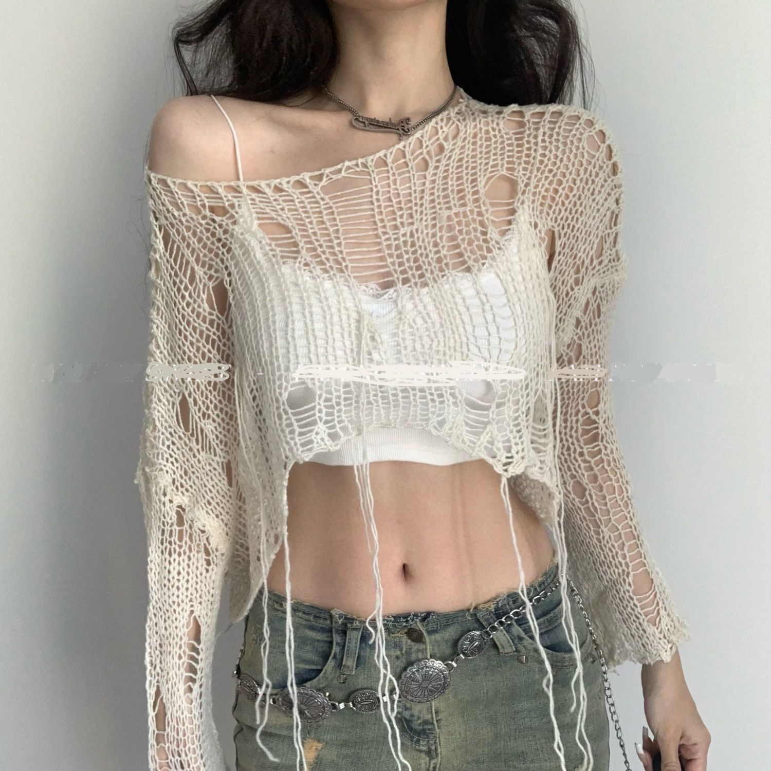 Spring and Autumn All-match Korean-style American-style Big Loopholes Hollow-out Perspective Loose Spice Girls Lazy Decayed Knitted Knitted Blouse