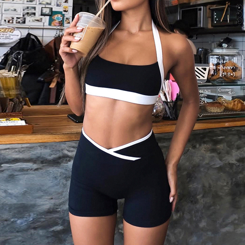 Cross-Border European and American Style Black and White Contrasting Color Sexy Sports Suit for Women Summer Street Sexy Backless Suspender Bra Suit