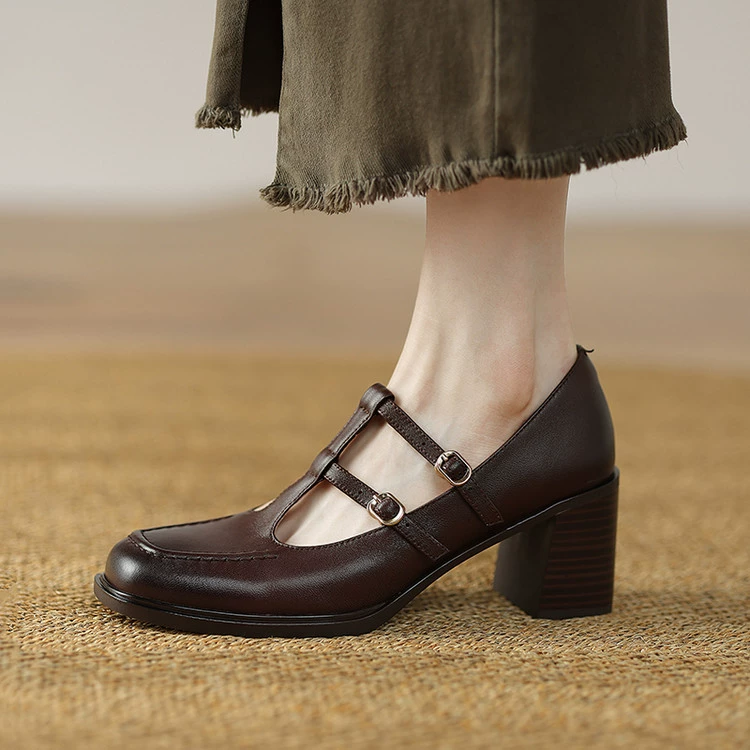 Французские ретро туфли с двойной пряжкой Mary Jen 2025 новые квадратные туфли на высоком каблуке женская овечья кожа толстые каблуки