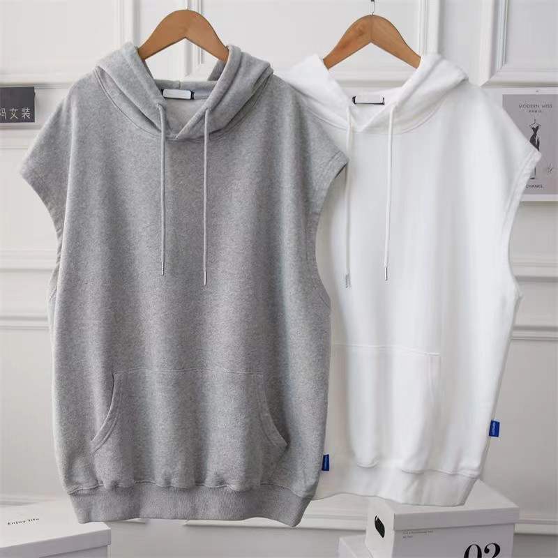 Cross-Border Spring and Summer Loose Fat mm Large Size Simple Mid-Length Sleeveless Jacket Ins Hooded Vest Sweatshirt Women's Trendy Cross-Border Spring and Summer Loose Fat mm Large Size Simple Mid-Length Sleeveless Jacket Ins Hooded Vest Sweatshirt Women's Trendy