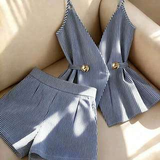 欧美跨境女装夏高级感轻奢时尚套装吊带条纹上衣腰带舒适短裤女