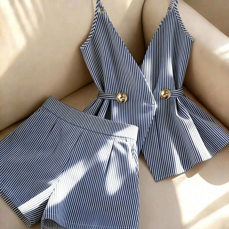 European and American Cross-Border Women's Summer High-End Luxury Fashion Set: Striped Camisole Top with Belt and Comfortable Shorts for Women European and American Cross-Border Women's Summer High-End Luxury Fashion Set: Striped Camisole Top with Belt and Comfortable Shorts for Women