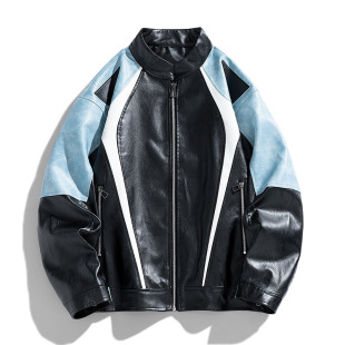 Gradient color matching 2024 new coat men's PU leather coat stand collar motorcycle suit racing suit jacket tide