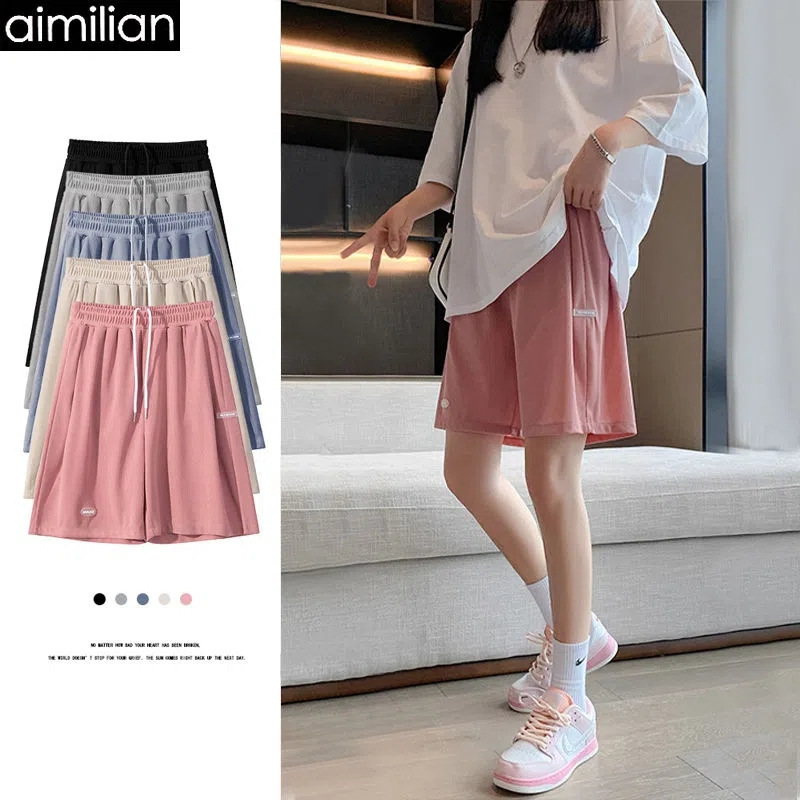 Ice Silk Shorts Women's Summer Loose Thin 2023 New High Waist Black Casual Wide Leg Sports Five-Fifth Pants