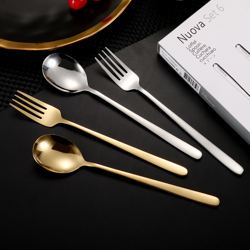 304 cuchara de acero inoxidable cuchara de postre coreano tenedor café mango largo cuchara mezcladora vajilla de acero inoxidable caja de regalo de 6 piezas