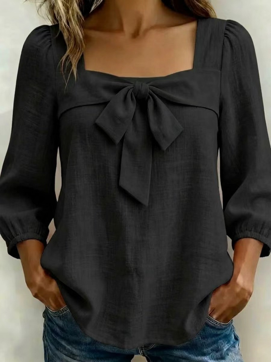 Women's Clothing Women's Style Square Neck Blouse Bow Tie Top Puff Sleeves Three Quarter Length Elegant Outfit_ecoleips.com