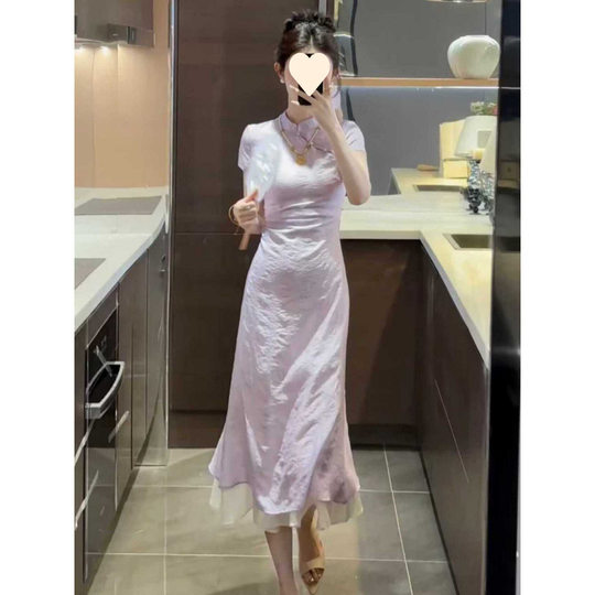 New Chinese Style Improved Stand-Up Collar Waist Slimming Dress for Women Summer New Style Elegant Retro Long Skirt