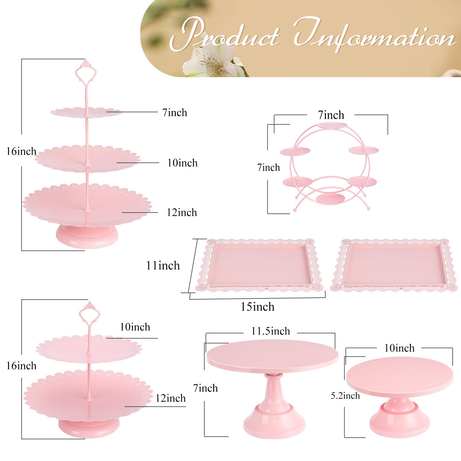 7 piezas juego de estantes de pasteles rosa mesa de postres set de exhibición metal redondo estratificado nuevo estante de cupcake rosa
