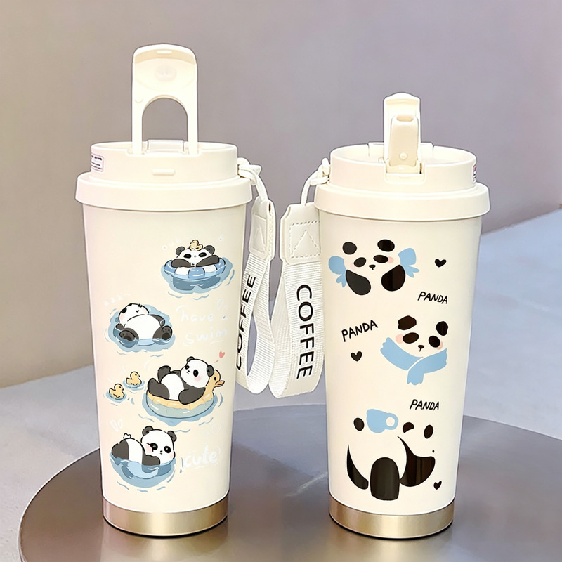 Panda pattern 316 stainless steel insulated cup with straw, portable coffee cup, high aesthetic value, couple's model Panda pattern 316 stainless steel insulated cup with straw, portable coffee cup, high aesthetic value, couple's model