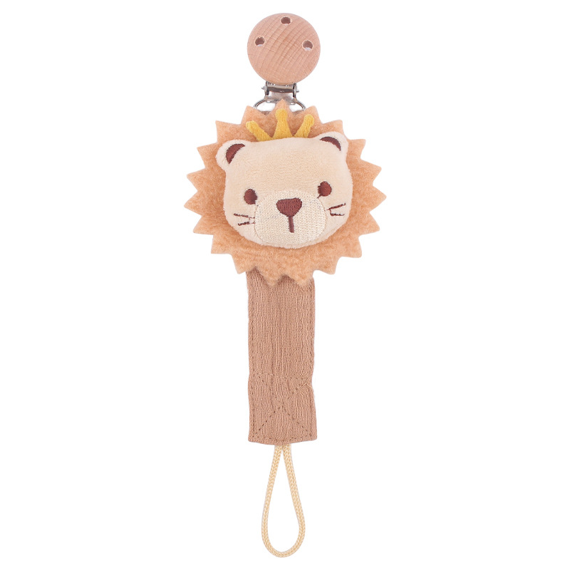 Nuevos suministros de bebé clip de chupete de haya animal de dibujos animados conejo León algodón lino con pezón cuerda chupete cadena