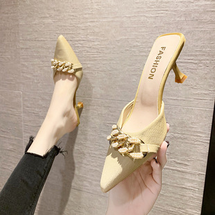 Closed toe half slippers women's outer wear 2021 summer new fairy style Net red stiletto heel sandals high heel Muller slippers