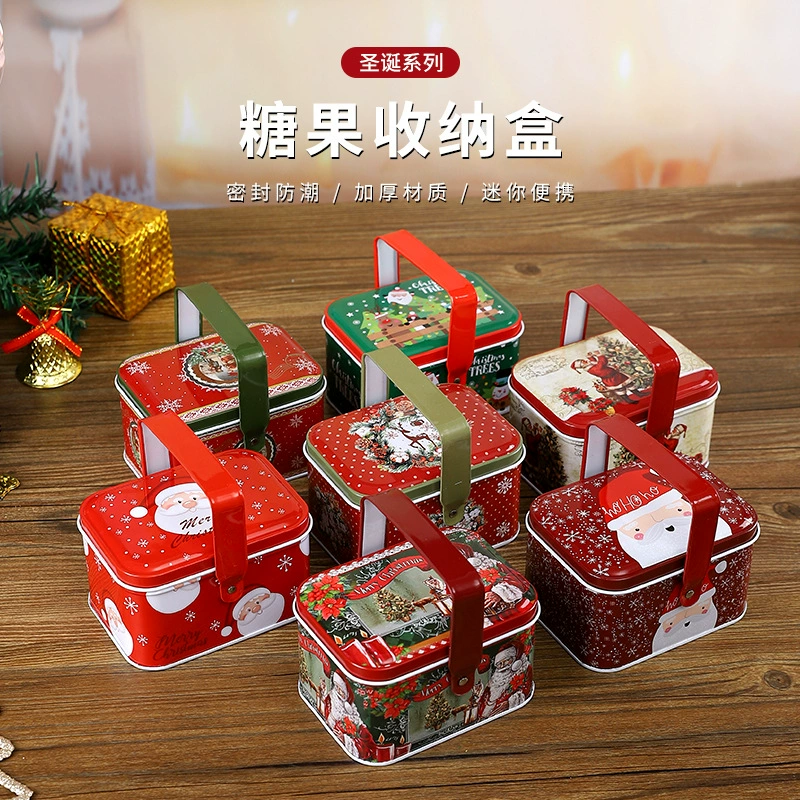 Жестяная коробка для сладостей и печенья рождественская с ручкой