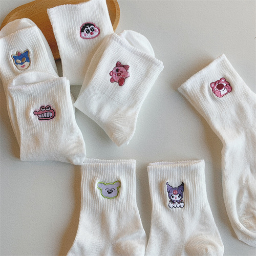 White Embroidered Cartoon Socks for Girls, Instagram Trendy, Versatile Couple Style, Cute Cartoon Student Chunky Socks for Girls
