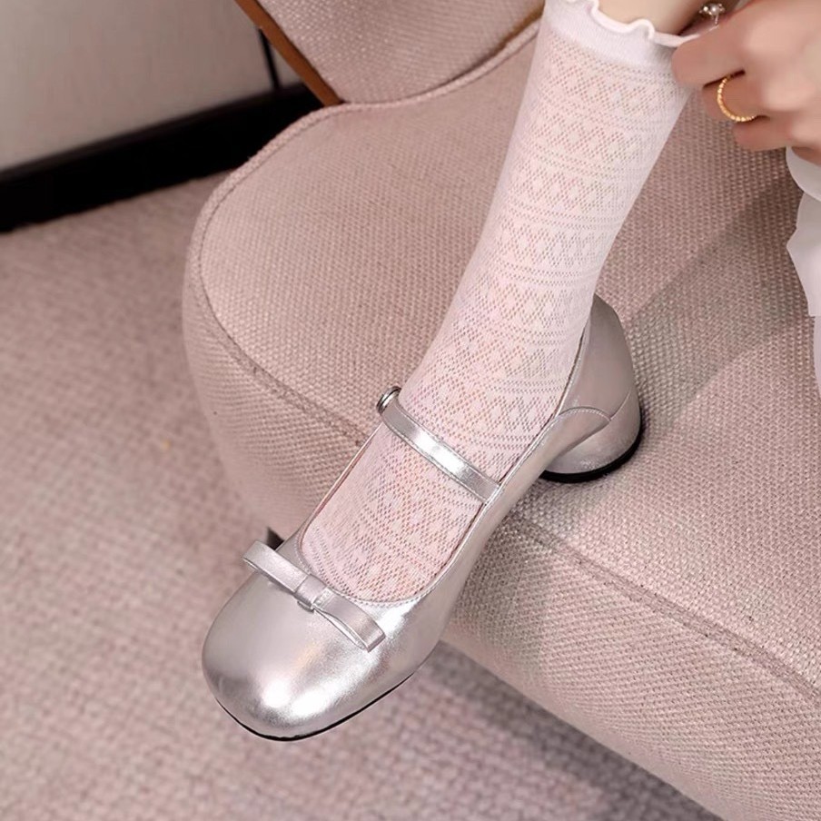 2025 Spring and Autumn Versatile Two-Wear Thick Heel Round Toe Silver Mary Jane Shoes French Retro Bow Shallow Shoes for Women