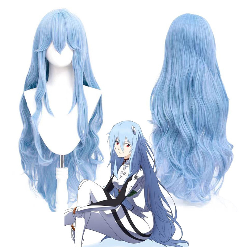Mengqian Neon Genesis Evangelion EVA Theatrical Version Ayanami Rei Anime Cosplay Wig Sky Blue Long Curly Hair