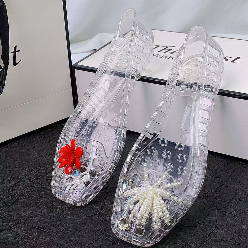 Cross-Border New Jelly Shoes Summer Big Red Flower Pearl Flower Set Accessories Crystal Transparent Square Toe Clogs Sandals