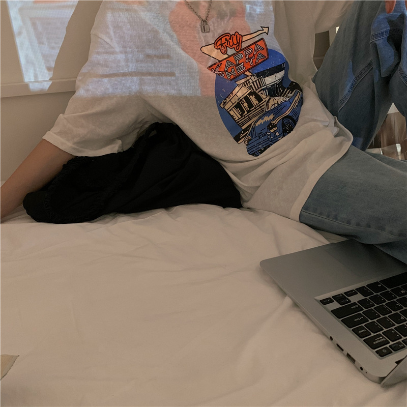 Dam t-shirt med cartoon tryck lös passform sommar topp_voghion.com