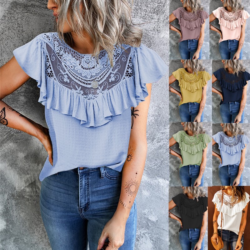 2022 European and American Cross-border Spring and Summer New Amazon Lace Women's Vest Ruffled Crewneck Loose Top for Women