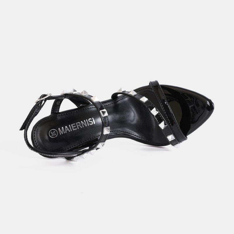 Sandal nữ gót nhọn siêu cao quai ngang khóa cài đính đinh tán, đế đỏ, mũi hở, cỡ lớn — Màu be, Màu bạc, Màu trắng, Màu tím
