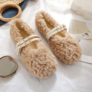 Mao Mao Shoes Women's Autumn and Winter Outer Wear Fairy New Flat Mink Shoes fleece-lined plus size Women's Shoes Cotton Shoes 4143