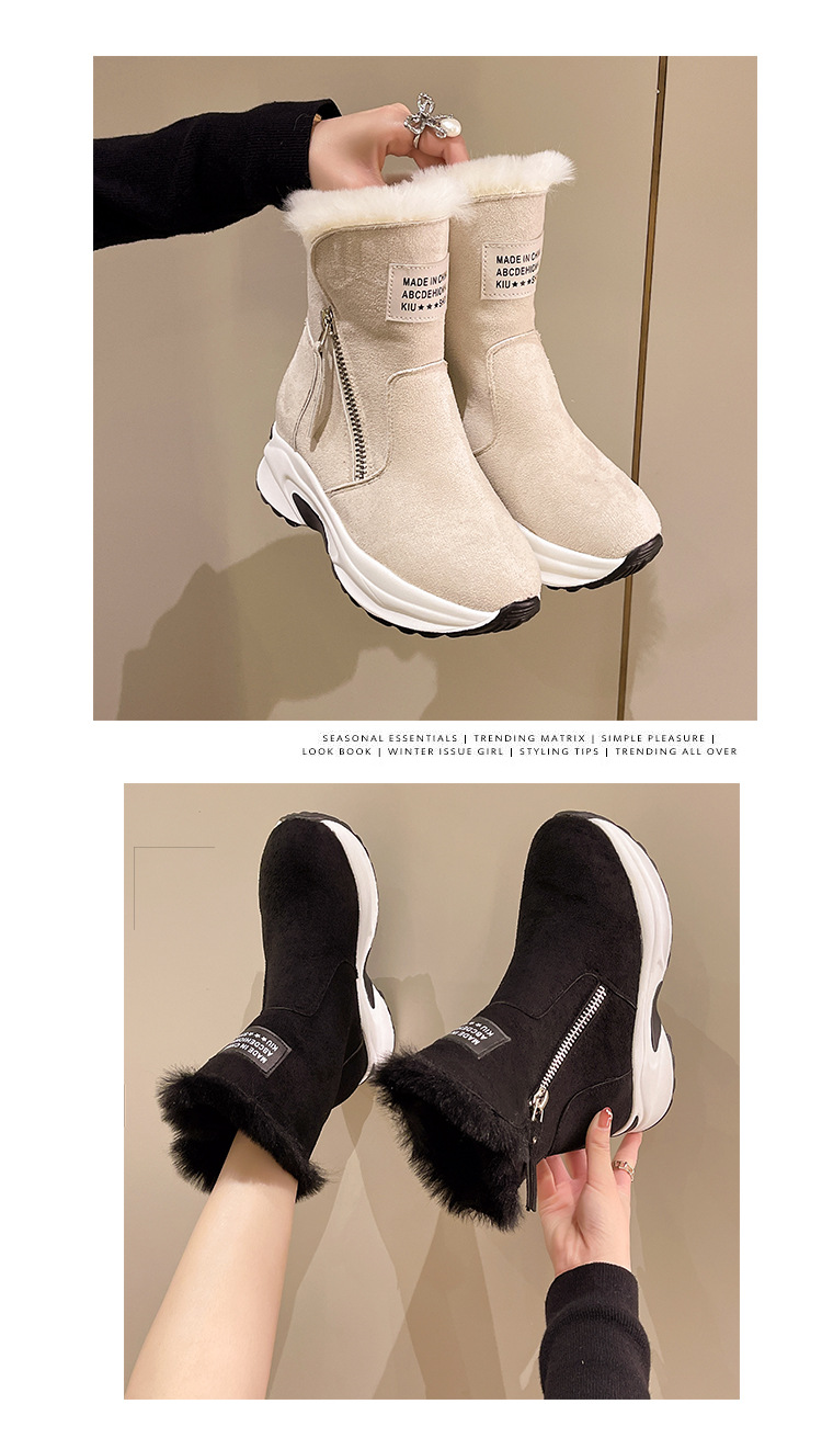 2023 Winter New Round Head Plush Thermal Side Zipper Low Barrel Flat Bottom Casual Student Women's Snow Boots_voghion.com