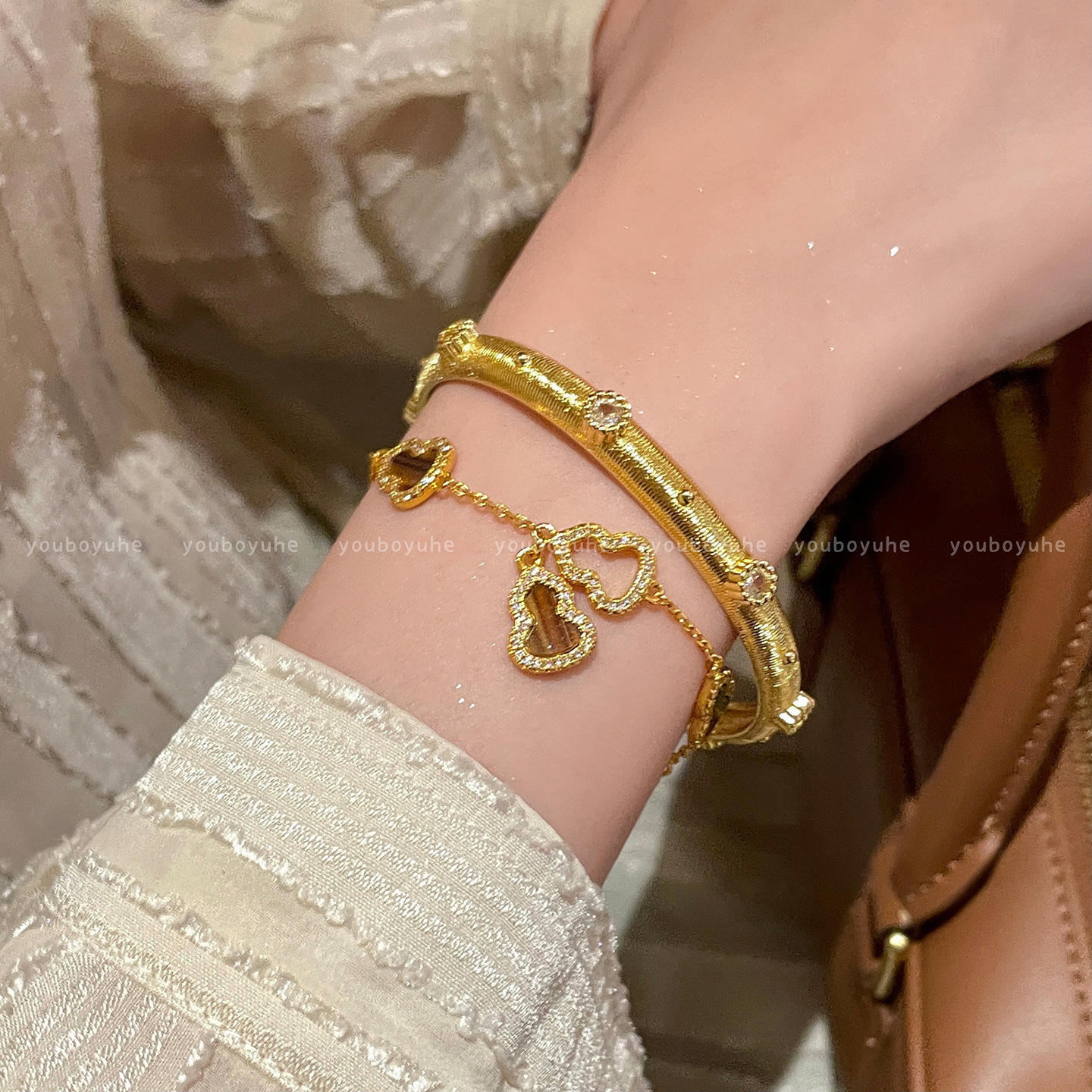 Good Luck and Fortune ~ High Color Retention Tiger Eye Stone Gourd 18K Gold Bracelet for Women, Accessible Luxury Niche Exquisite Stacking Bracelet Bracelet