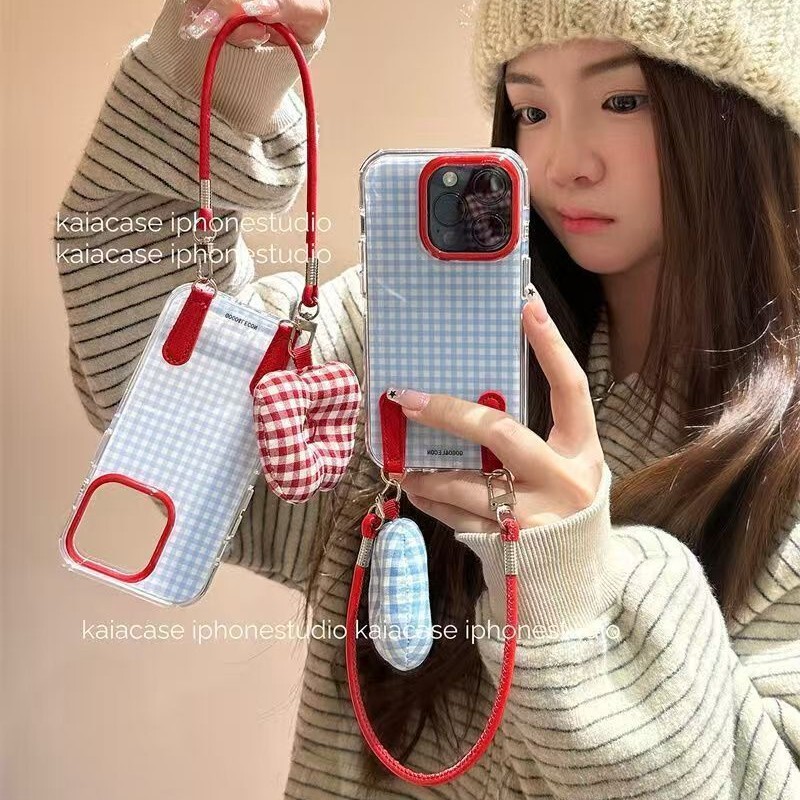 ins蓝格纹红皮绳适用iPhone17PROMAX手机壳新款16/15/14女款13/12|undefined