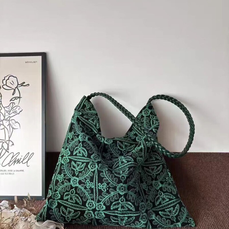 グリーンジャングル織り刺繍キャンバスバッグ大容量オリジナルニッチハンドメイドバッグ多用途シンプルトートバッグ|undefined