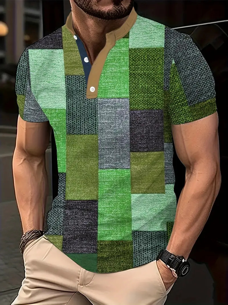 Nuevo estilo transfronterizo de verano 3d geométrico cubo estampado cuello alto botón de manga corta polo playa casual ME13