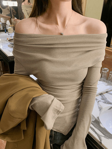 Pure desire hot girl one-shoulder trumpet long-sleeved shirt for women in spring and autumn irregular waist waist slim inner bottom shirt top
