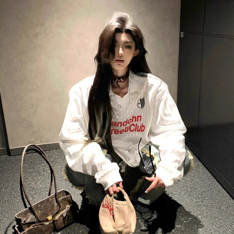 Summer Ice Silk Cool Rugby Uniform American Retro Stripesd Letter Print Long-Sleeved Sun Protection V Neck Quick-Drying T-Shirt for Men