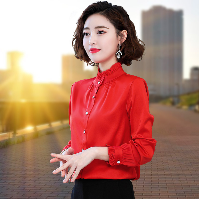 Satin Chiffon Shirt Women's Spring and Autumn New Fashion Fungus Lace Collar Shirt Elegant High-end Long-sleeved Top