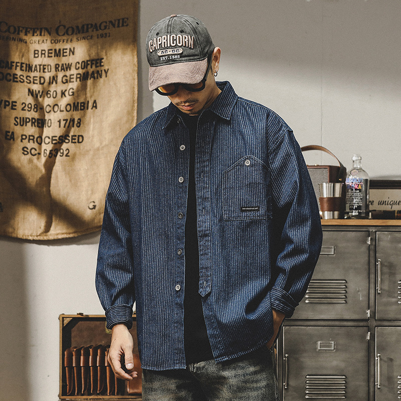 Jie Renault 320g Heavy Stripe Work Shirt Men's Long Sleeve Spring and Autumn Thick American Casual Loose Antique Shirt Jie Renault 320g Heavy Stripe Work Shirt Men's Long Sleeve Spring and Autumn Thick American Casual Loose Antique Shirt