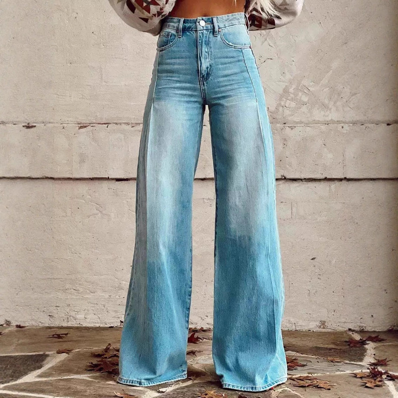 Popular Foreign Trade Cross-Border Aliexpress Ebay European and American Foreign Trade Plus-Size Women's Casual Pants Thin Imitation Jeans Wide-Leg