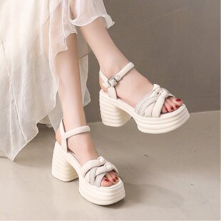 Spring 2025 New Style One-Line Thick-Soled Round-Toe Wedge-Heeled Rhinestone Sandals, Versatile and Fashionable Thick-Heeled Sandals