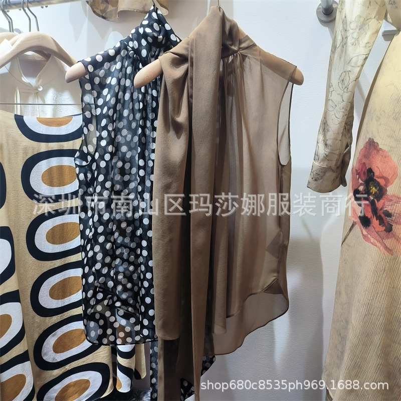 南油优雅知性朦胧美长飘带无袖真丝衬衫女夏季桑蚕丝上衣慵懒风